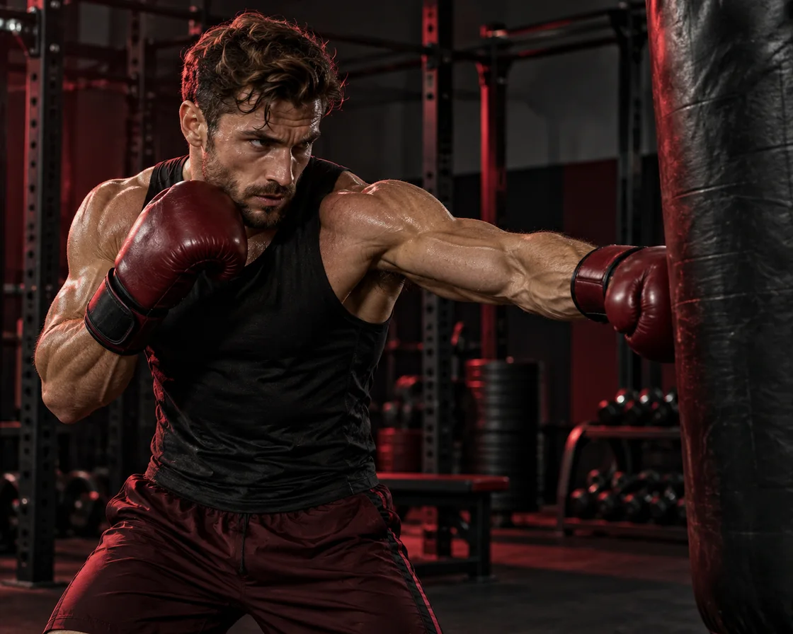 Boxing training with an experienced, muscular athlete in a dark gym