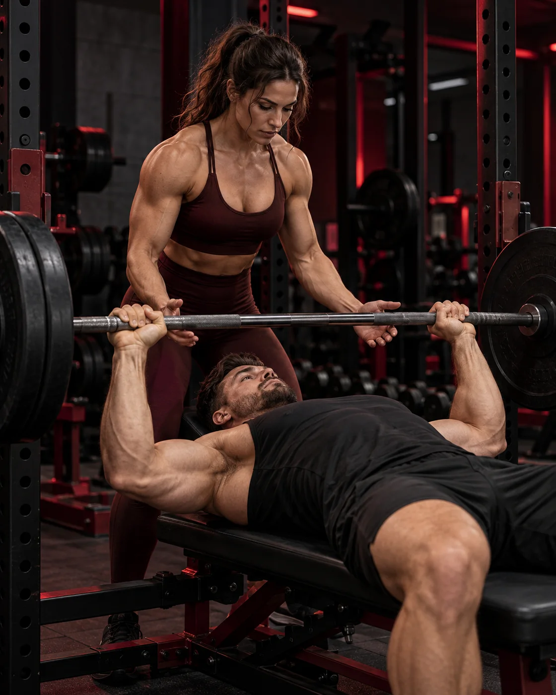Strong female coach spotting a male athlete during a bench press